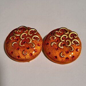 Graft vintage large chunky clip on earrings in orange with red stones